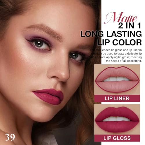 Image of evpct 1Pcs Deep Cranberry Red Matte Lip Liner & Liquid Lipstick Stain Makeup Set for Women, Red Lip Liner Stain Long Lasting Waterproof Smudge Proof, Longwear Lips Stick Makeup 24 hours originale, 39