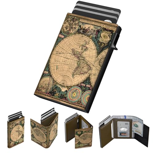 Image of typecase Mens Wallet Card Holder: Pop Up Aluminum Case, Carbon Fiber Leather, Smart, RFID Blocking, Slim, Minimalist, Front Pocket - 9-14 Card Capacity | ID Window | Cash Slot (Map)