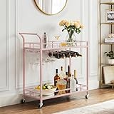 VASAGLE Bar Cart Gold, Home Bar Serving Cart, Wine Cart with 2 Mirrored Shelves, Wine Holders, Glass Holders, for Kitchen, Dining Room, Rose Gold ULRC090A07