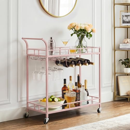 VASAGLE Bar Cart Gold, Home Bar Serving Cart, Wine Cart with 2 Mirrored Shelves, Wine Holders, Glass Holders, for Kitchen, Dining Room, Rose Gold ULRC090A07