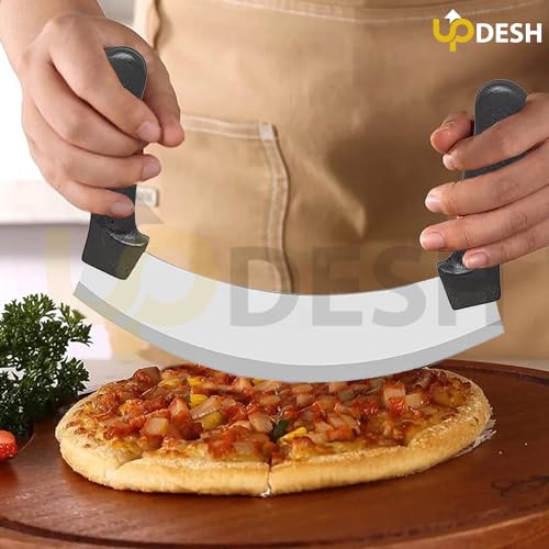 Image of UPDESH Pizza Cutter - Pizza Slicer - Mezzaluna /Mincing Knife - Double Handle Ideal for Mincing, Dicing, Chopping & Slicing (4)