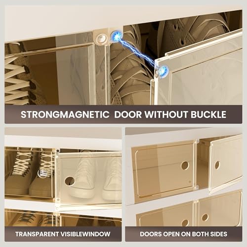 Image of Foldable Shoe Organizer Storage Box Set of 6, Portable Extra Large Folding Shoe Rack for Closet, Shoe Storage Box with Magnetic Transparent Door and Wheels, 9 Layers 18 Grids