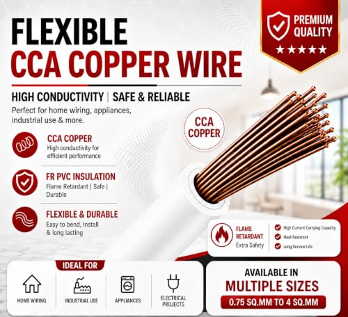 Image of 0.75 SQMM | White | 90 meter | PVC Insulated Industrial Multistrand CCA Copper Wire | High Purity Copper | Triple Layer Protection | FR Rated | Heavy Duty Electrical Cable | 10 Guage