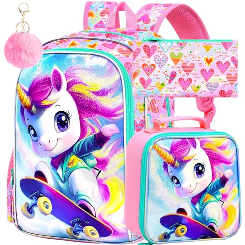 Image of 16 inch Unicorn Backpack for Girls, 3Pcs School Backpacks Set for Elementary Preschool Kindergarten, Kids Bookbag with Lunch Box (Pink)