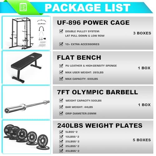 Image of ULTRA FUEGO Power Cage, Multi-Functional Power Rack with J-Hooks, Dip Handles, Landmine Attachment and Optional Cable Pulley System for Home Gym