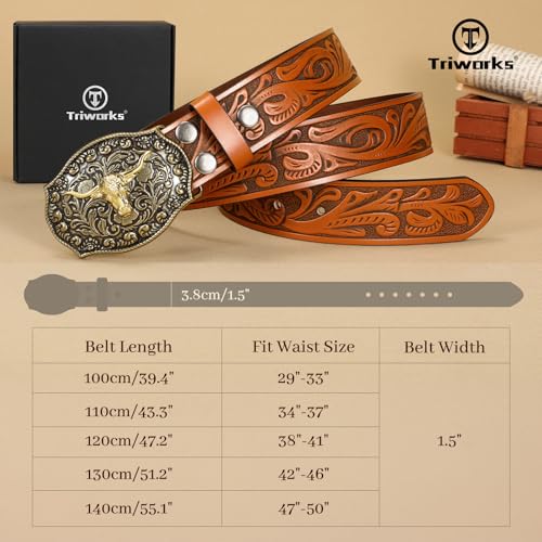 Mens Western Cowboy Belt Cowgirl Embossed Leather Belt with Floral Engraved Buckle4