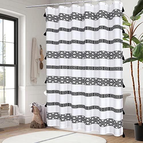 Mitovilla Black And White Boho Shower Curtain Set With Hooks, Modern Farmhouse Cloth Fabric Shower Curtains For Country Tribal Bathroom Decor, Heavy-Duty & Waterproof, 72 X 72 #TOP1