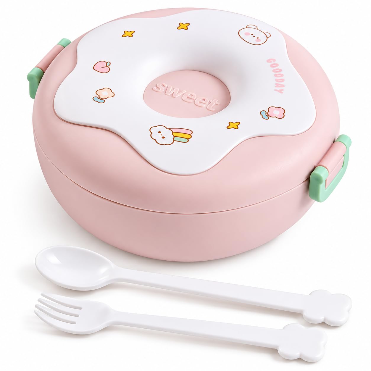Kids Donut Shape Lunch Box 1000ml, 3 Compartment Bento with Spoon Fork (Pink)