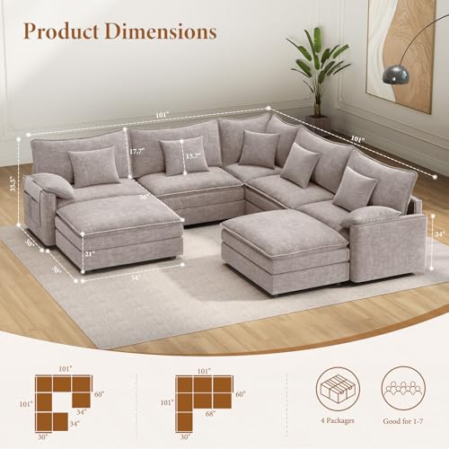 Image of Vesgantti 101 inch V-Shaped Corner Couch Sectional, 7 Seat Customizable Modular Cloud Couches with Movable Ottoman, Chenille Deep Seat Sofa Set with Chaise for Living Room, Bedroom and Apartment, Brown