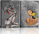 Framed Black Girl Wall Art African Black Women Wall Art Sunflower Girl Canvas Poster For Living Room Bedroom Bathroom Decoration Ready To Hang-(12'x16'x2 Framed)