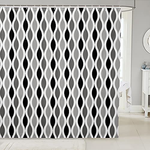 feelingyou Cortina de ducha, patrón de líneas onduladas cortina de baño, gris negro blanco microfibra impermeable tela con ganchos para cabinas bañeras bañeras, 72 x 78 l pulgadas