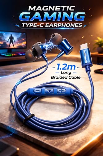 Image of Gaming Type-C Wired Earphone with Mic, 10mm Dynamic Bass Driver, Magnetic in-Ear Headphones, Low Latency Sound for Gaming, 1 Button Control, HD Calling, Voice Assistant, (Royal Blue)