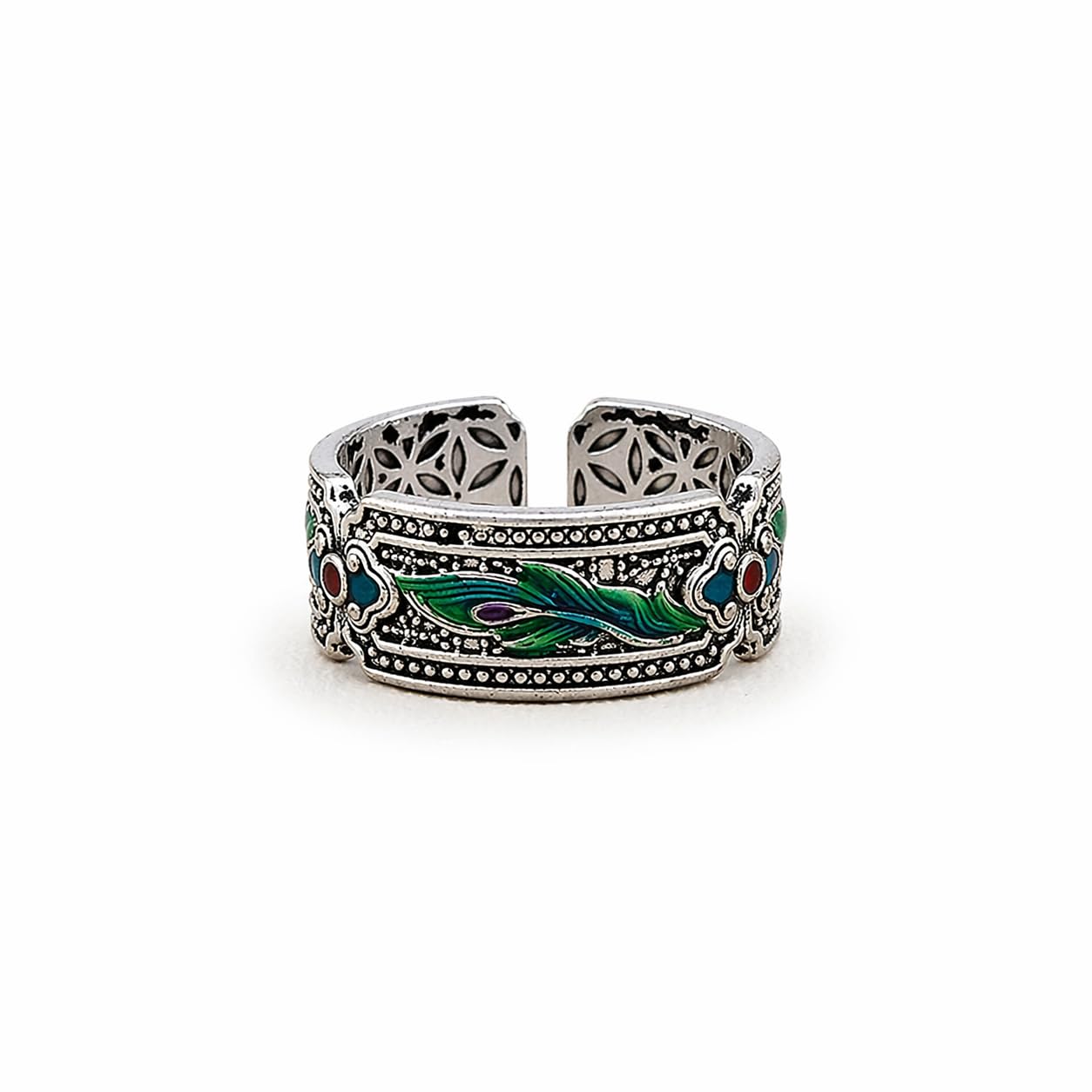 Elegant Peacock Feather Design Adjustable Plated Ring for Women-image-15