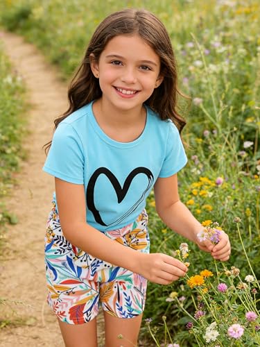 Image of KIDLAGA Toddler Kid Girl Outfits Clothes Floral Short Sleeve T-Shirt Top + Waist Pocketed Summer Short Sets 4-7T Girl Clothes