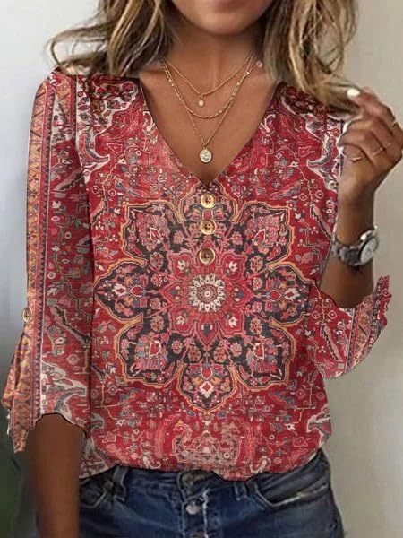 Women's Boho Ruffle 3/4 Sleeve Shirt Dressy Casual Floral Print V Neck Blouse Plus Size Vintage Ethnic Print Shirts Top2