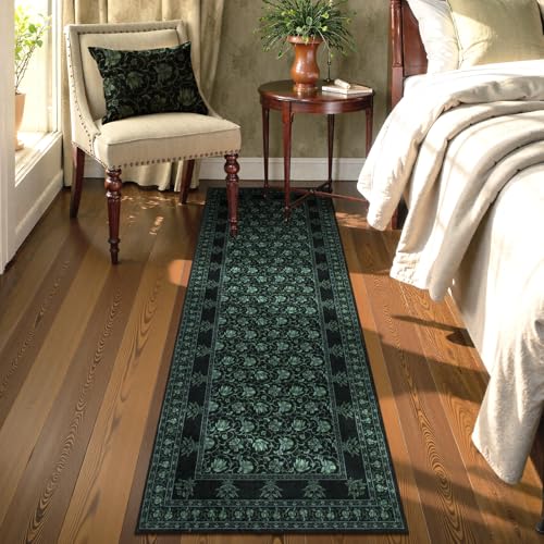 Image of Lahome Black Kitchen Runner Rug 2x6, Low Plie Rug Runners for Hallways Non Slip, Vintage Floral Washable Runner for Entryway Laundry Room Bathroom (2'x6', Black /Green)