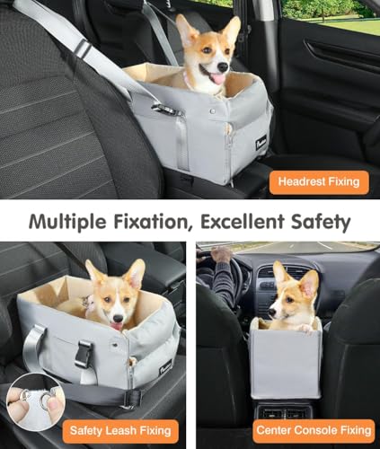 Pawaboo Hunde Autositz für kleine Hunde, Mittelkonsolen-Hundesitzerhöhung, Verdicktes Hundeautositz mit Weichem Plüsch, Hundbett mit Befestigung und Sicherheitsleine, bis zu 15lbs, Grau + Beige