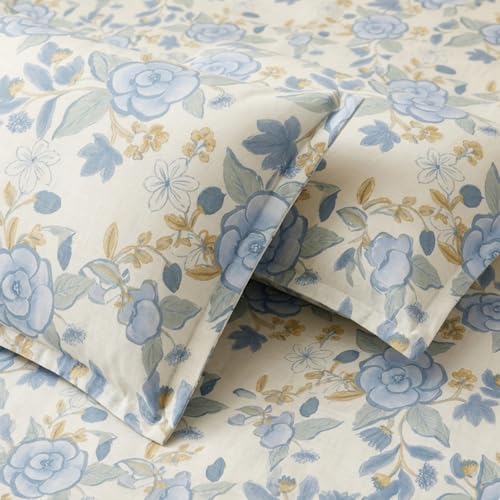 Image of Marrow Lane 300 TC Soft Air Cotton Double Bedsheet | Garden Reverie | Flatsheet with 2 Pillow Covers | Watercolour Floral Print (228.6 x 254 cm, Ivory & Blue)