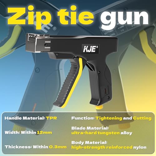 KJE Stainless Steel Cable Tie Gun, Metal Zip Tie Tool, Automatic Cable Tie Cutter, One-handed Operation, 9-level Adjustable Fastening Tie Wrap Gun, Zip Tie Gun Set with Height Pad - Thumbnail 2