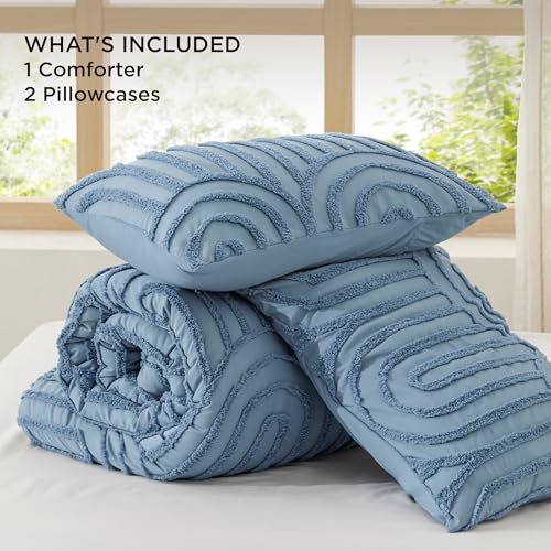 Image of Bedsure Boho Tufted Blue Comforter Set Queen Size, GentleSoft 3 Pieces Boho Farmhouse-Style Decor Bedding, Arch Bedding for All Seasons, 1 Bed Comforter, 2 Pillow Shams, 90x90 Inches