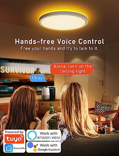 Aphyni Smart Led Ceiling Light 2400Lm Brighter, Compatible With Alexa Google Home, 12 Inch 24W 3000-6500K Dimmable Thin Rgb Ceiling Light Wifi For Bedroom, Living Room, Kids Room, Tuya/Smart Life App #TOP1