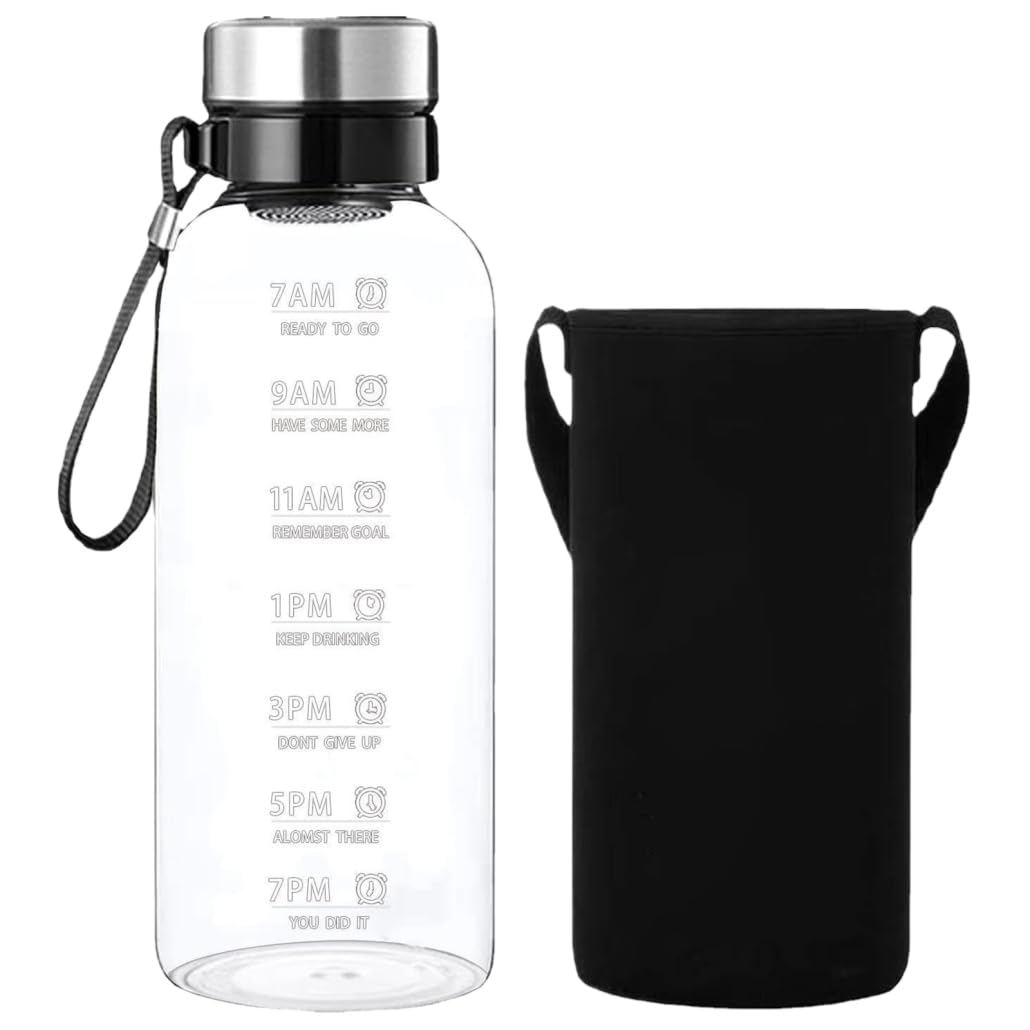 Botella de agua con marcador de tiempo Botellas de agua de vidrio transparente a prueba de fugas de 2 litros con cordón, funda y filtro extraíble, apta para lavavajillas para el hogar, la oficin