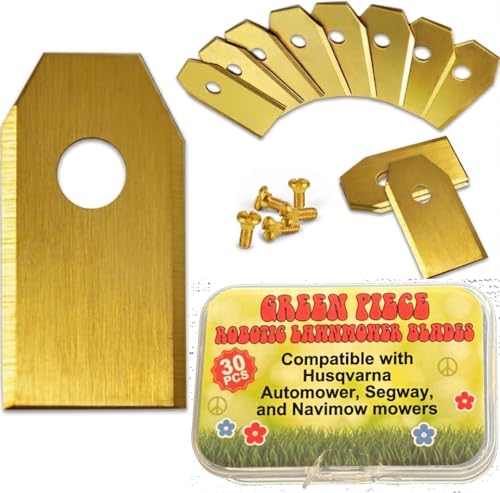 Green Piece Robotic Mower Blades 30 Pack Titanium Coated Stainless Steel Compatible with Husqvarna Automower Segway Navimow Regular Size with Screws