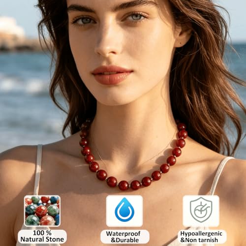 Image of GINAZL Natural Stone Beaded Choker Necklace for Women, Chunky Multicolor Gemstone Handmade Necklace, Boho 12MM Bead Summer Beach Jewelry Gifts for Women