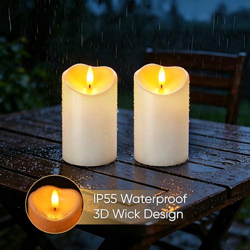 Image of Raycare 5 inchx3 inch Outdoor Waterproof Flameless Candles with Remote and Timer, Battery Operated LED Electric Fake Pillar Candle for Home Wedding Decor, Ivory White, Set of 2