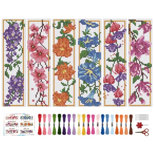 Image of BEUNITONE 6 Pcs Flower Cross Stitch Bookmarks Kit for Adults Beginner DIY Stamped Embroidery Bookmark Kit with Instructions Cute Stamped Embroidery Bookmark for Book Lovers Handmade Gift 8''x2.4''