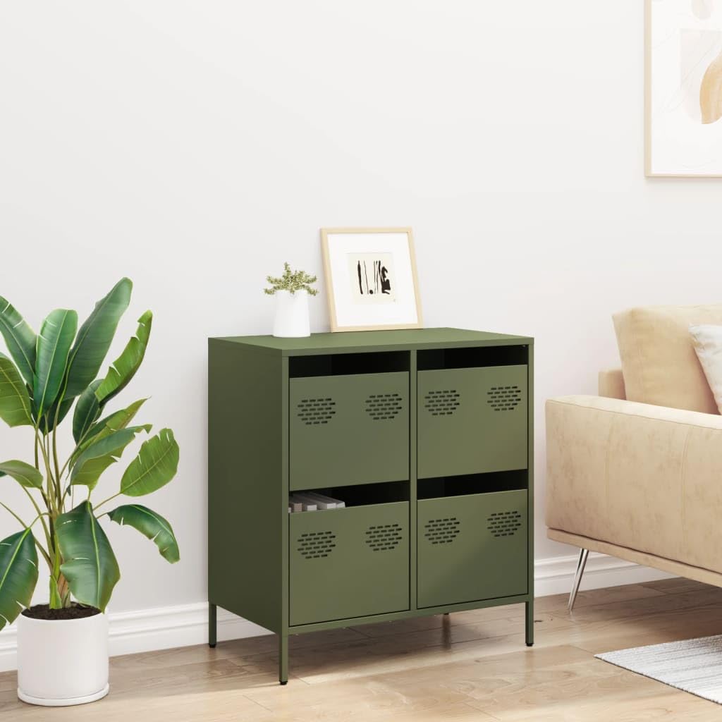 Buffet vert olive 68 x 39 x 73,5 cm, en acier laminé à froid, armoire de couloir avec 4 tiroirs, armoire de rangement pour salon