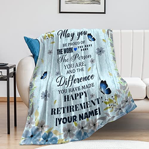 Custom Retirement Throw Blanket - Soft, Fuzzy & Warm - 40x50 Inches Flannel Blankets for Women, Men - Light Blue Modern Throws Farewell Gift for Coworker