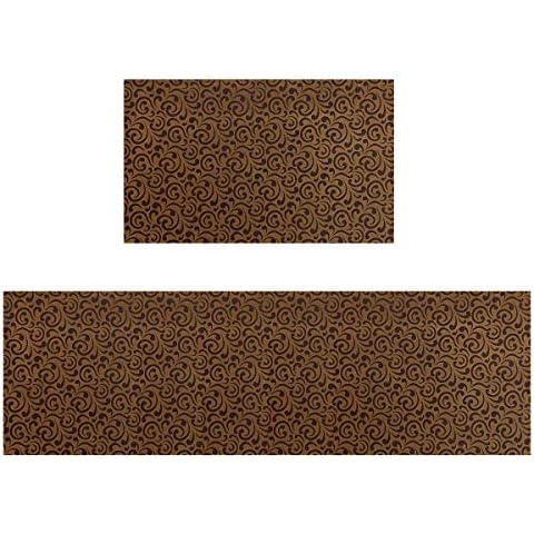 ITSOFT 2pc Natural Rubber Backing Non-Slip Kitchen Rug Set Indoor Outdoor Doormat Runner Rug Set, 17.5 x 27.5 Inches + 17.5 x 55 Inches, Brown Cover