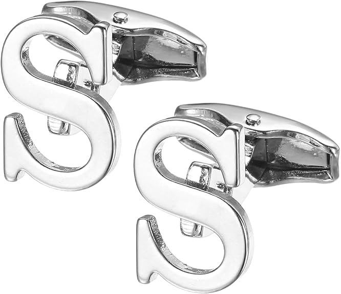 S Alphabet Silver Cufflinks for Men | Initial Letter “S” Personalized Luxury Cuff Links | Premium Polished Metal Shirt, Coat & Blazer Cufflinks | Wedding, Office | Stylish Gift for Men | Set of 2