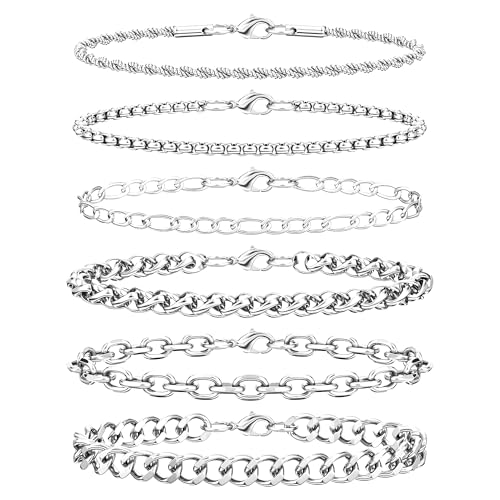 Aospkle 6PCS Stainless Steel Bracelets for Men Women Silver Cuban Link Rope Box Wheat Chain Paperclip Figaro Jewelry Set 8 Inches