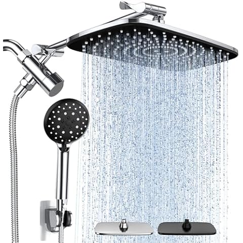 Veken High Pressure Rain Shower Head Combo with Extension Arm- Wide Showerhead with 6 Handheld Water Spray - Adjustable Dual Showerhead with Anti-Clog Nozzles - Silver Chrome Cover