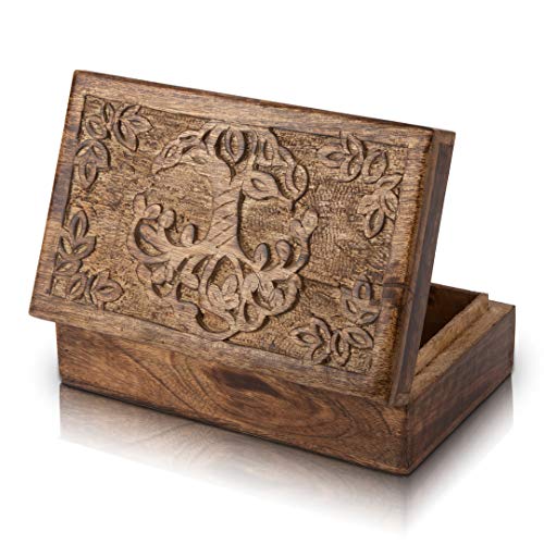 Great Birthday Gifts Handmade Decorative Wooden Jewelry Box Tree Of Life Carving Jewelry Organizer Keepsake Box Treasure Chest Trinket Holder Watch Box Storage Lock Box Housewarming Gifts