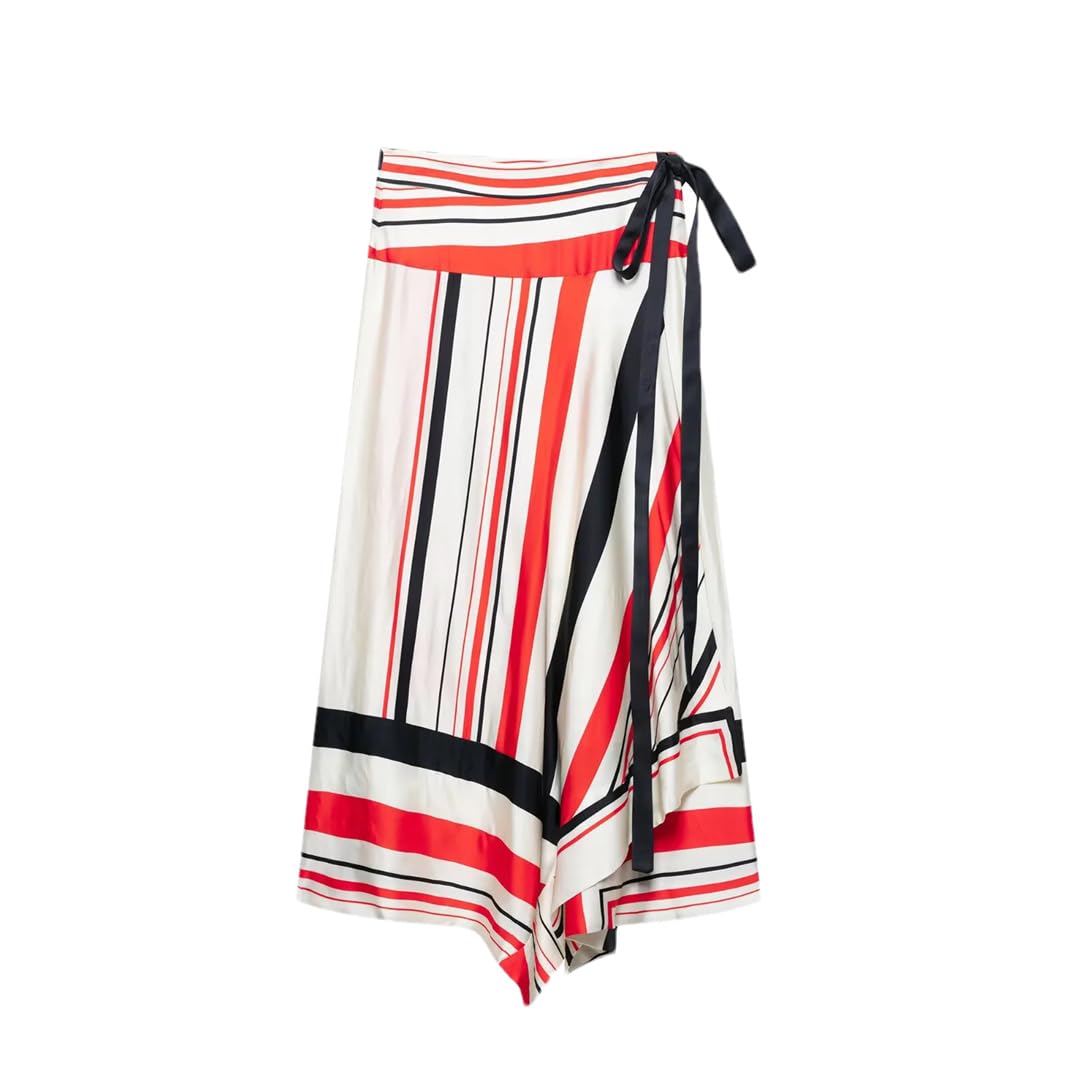Womens Spring Stripe Printed Casual Asymmetric Top Mid Waist Midi Skirt