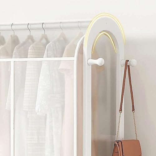 Miniatura 8 de Riel de ropa resistente con ruedas y cubierta contra el polvo, perchero de bambú con estantes, para dormitorio y hogar (blanco 27.6 x 12.6 x 65.0in)