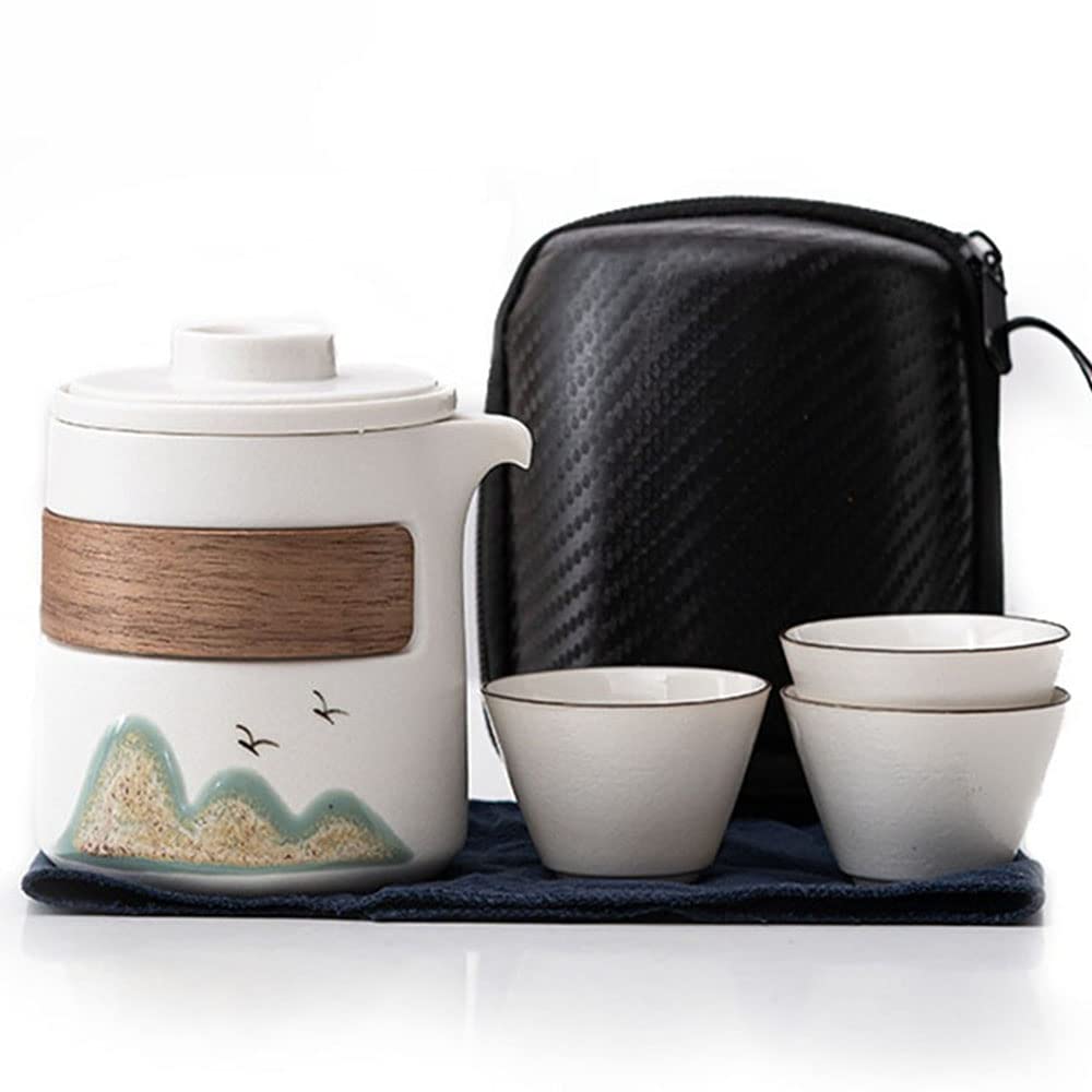 Set da tè giapponese da viaggio con borsa/custodia, teiera in ceramica con infusore e tre tazze da tè Gongfu/Kungfu, manico in legno giapponese, borsa da viaggio portatile (bianco)