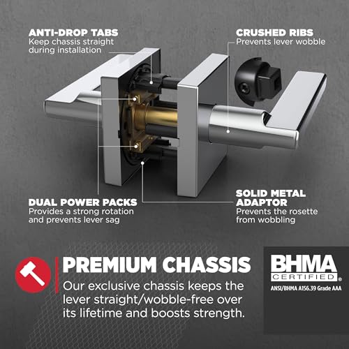 Image of Kwikset Halifax Interior Passage Door Handle, Lever For Closet and Hallway Doors, Reversible Non-Locking Handle Lever, Polished Chrome, Square Rose
