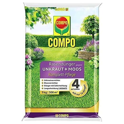 COMPO Rasendünger gegen Unkraut+ Moos Komplett-Pflege, 3 Monate Langzeitwirkung, Feingranulat, 9 kg, 300m²