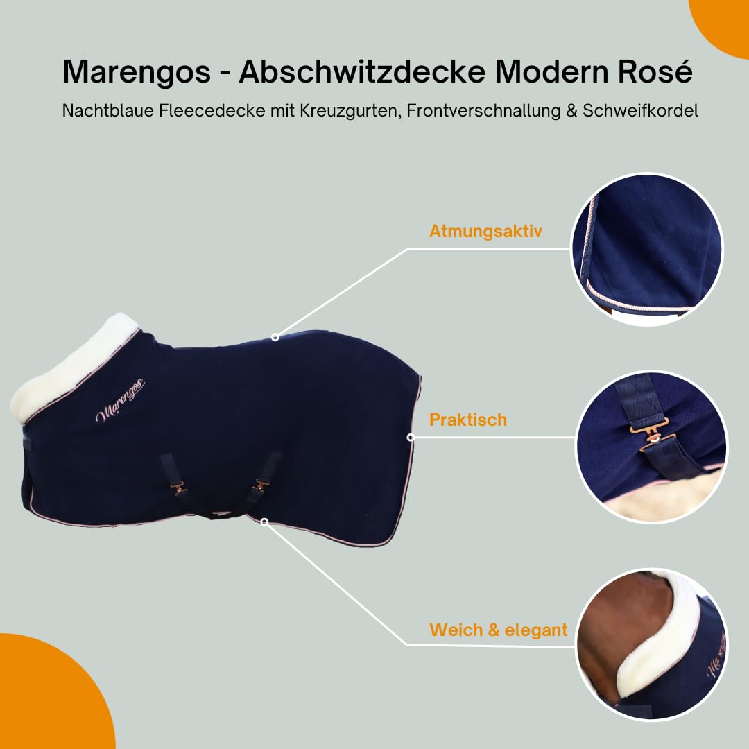 Marengos - Abschwitzdecke Modern Rosé | Fleecedecke m. Kreuzgurten, Frontverschnallung, Schweifkordel & roségoldenen Verzierungen | atmungsaktive Pferdedecke | Pferde Zubehör in Nachtblau | 135 cm | Fleecedecke mit Kreuzgurten, Frontverschnallung, Schweif