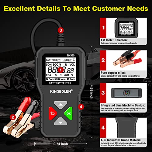 Kingbolen Bm550 6V 12V 24V Car Battery Tester, 100-2000 Cca Voltage Tester 2Ah-220Ah Internal Resistance Tester Accurate Digital Auto Battery Analyzer For Cars Trucks Suv Atv Boats Motorcycles Vehicle #TOP3