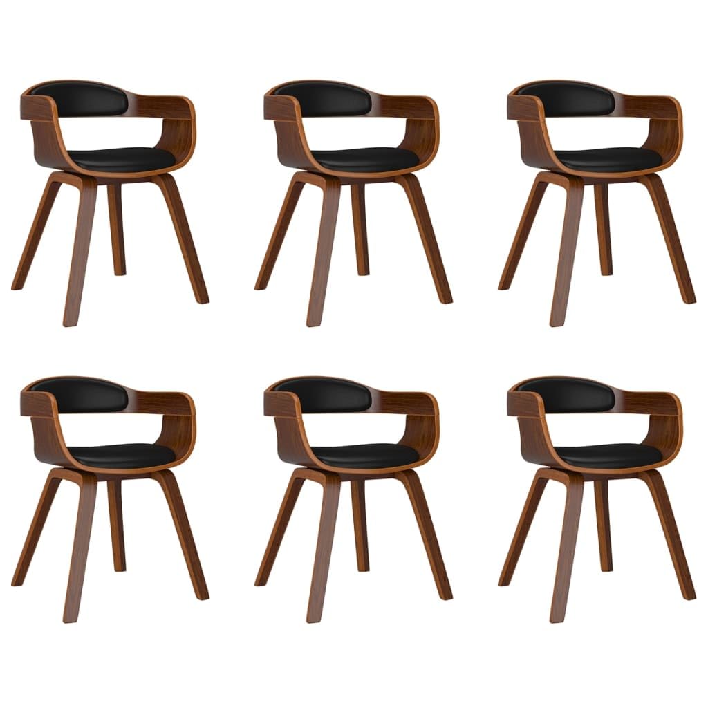Sillas de comedor de 6 piezas, negro y natural, 49 x 51 x 70 cm | Piel sintética suave, asiento acolchado de espuma, patas de madera curvada, carga máxima 110 kg