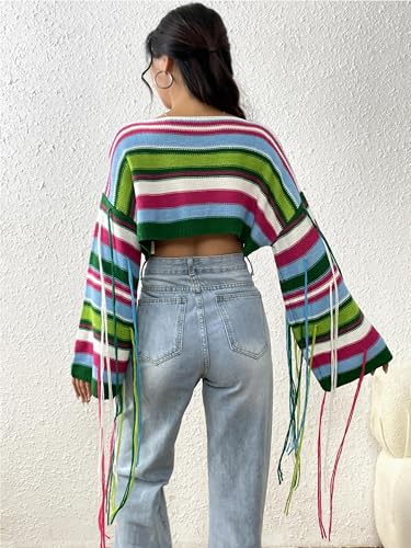 Image of BAIMORE Women's Chic Crochet Boat Neck Rainbow Striped Long Sleeve Crop Sweater with Tassels