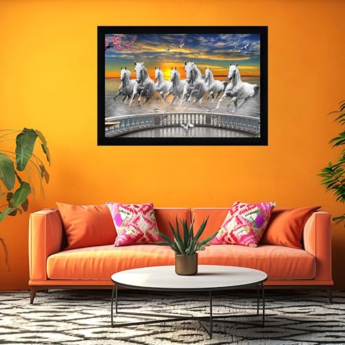 Image of Indianara Vastu Running Seven Horse Painting With Frame 20 Inches X 14 Inches (Style 14)