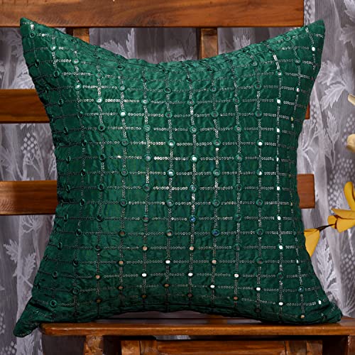 Image of Forest Green Cushion Covers 20x20 inches Set of 2, Embroidered Pillow Covers, Designer Pillowcases, Sofa Cushion Cover