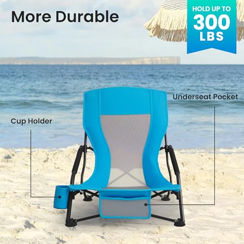 Low Beach Chairs for Adults 2 Pack, Sandproof Lightweight Folding Camping Outdoor Chairs with Mesh Lumbar Support, Under-Seat Pocket, Cup Holder, Heavy Duty 300lbs for Beach Picnic Concert, Blue by CROS - Used condition - Image 3