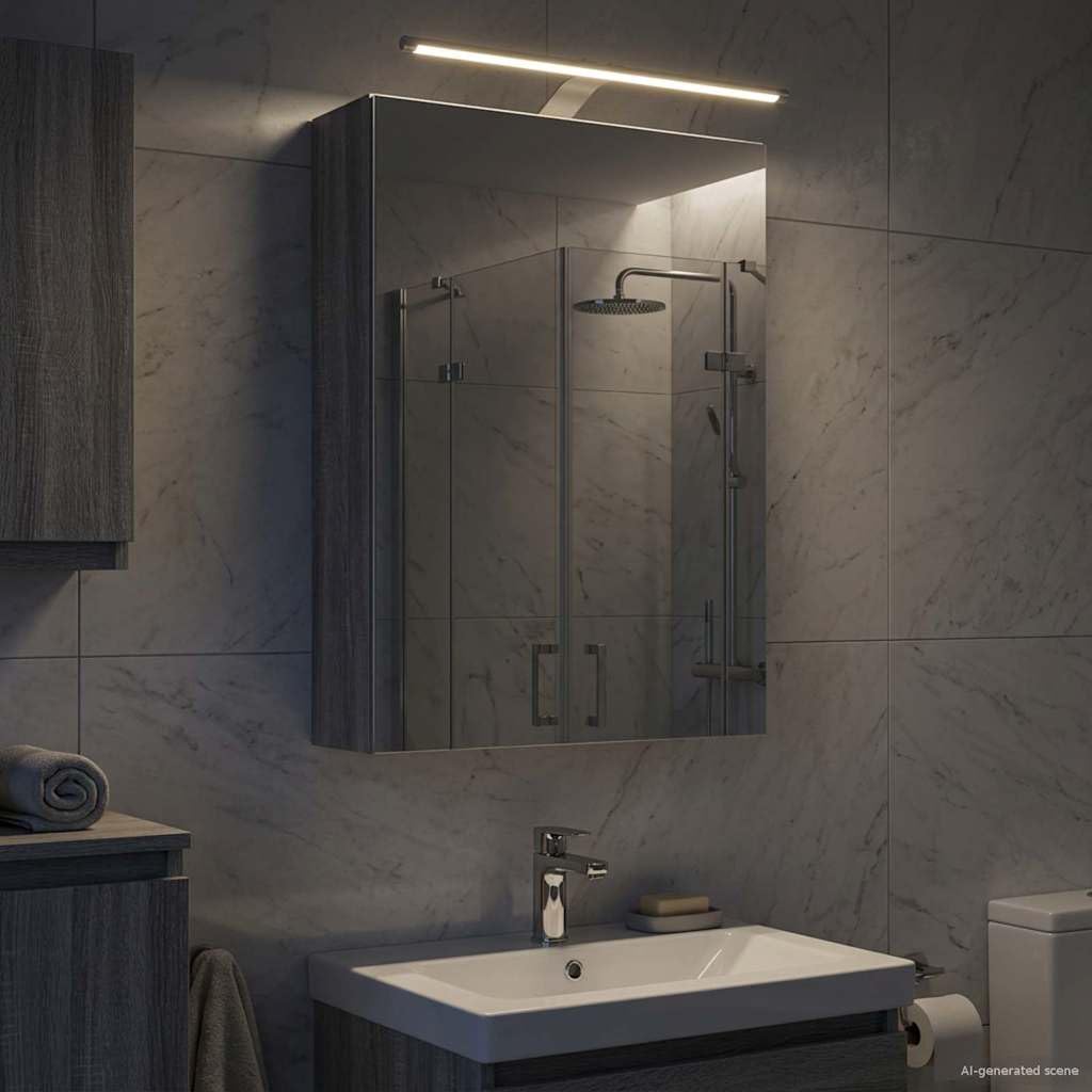 Szafka łazienkowa z lustrem Sonoma szara z materiału drewnopochodnego 50 x 14,5 x 70 cm z paskami LED, dwukierunkowe lustro, montaż na ścianie, 2 półki, drzwi, miejsce do przechowywania szafki